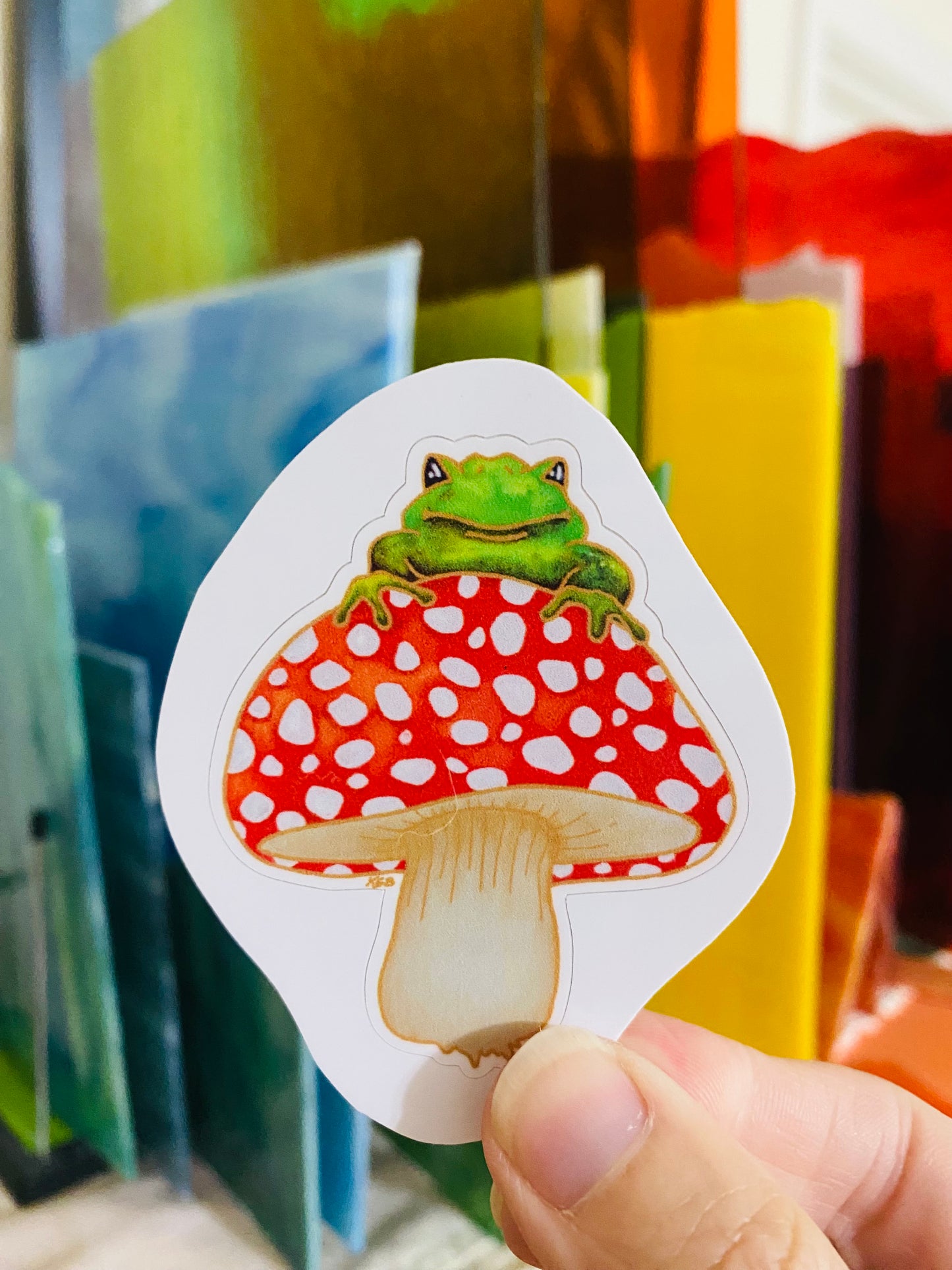 Adorable Frog on Red Polkadot Mushroom Stickers
